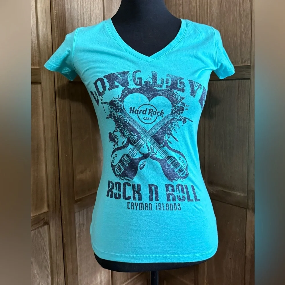 Hard Rock Cafe Rock N Roll Cayman Islands Turquoise V-Neck Tee - Picture 1 of 3